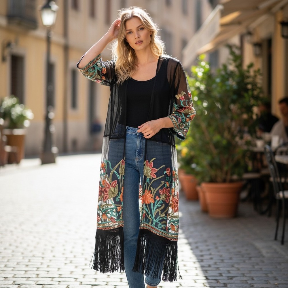 Myicool Black Sheer Mesh Floral Embroidered Fringe Duster Cardigan Medium NWT